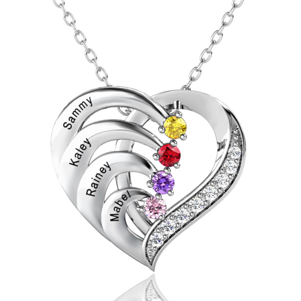 Personalised Heart Necklace with Birthstones and 4 Names Silver – IfShe UK